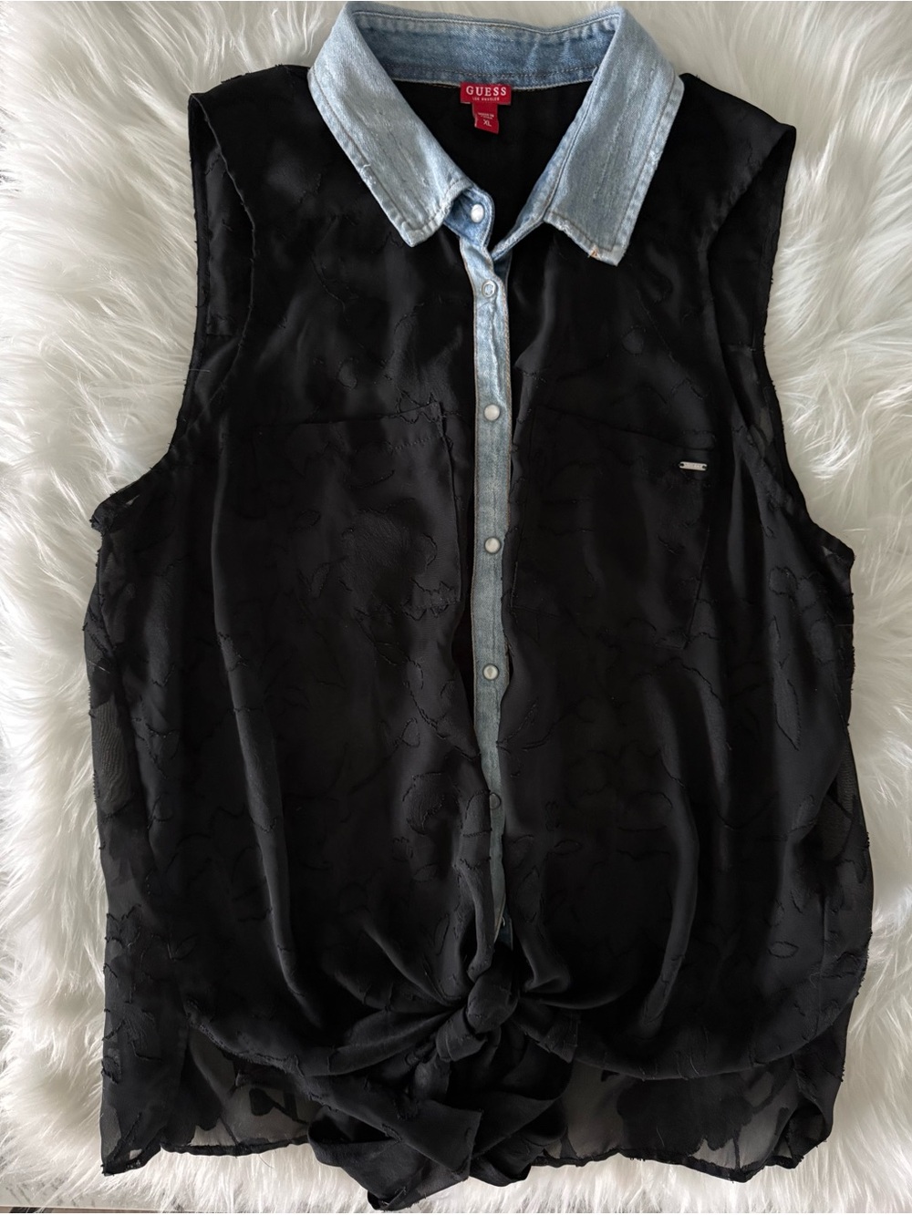 🖤 GUESS - Sheer Black Devoré Tie-Front Sleeveless Top • Denim Trim 🖤